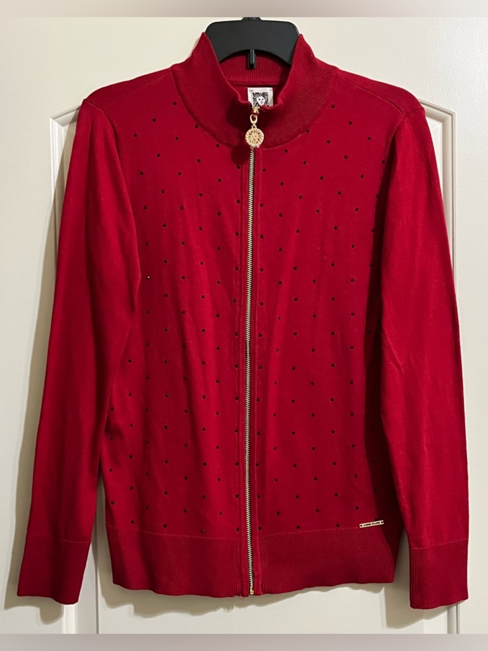 NWT Anne Klein Red Sweater Gold Zip Up Trim with Black Rhinestones Size Medium